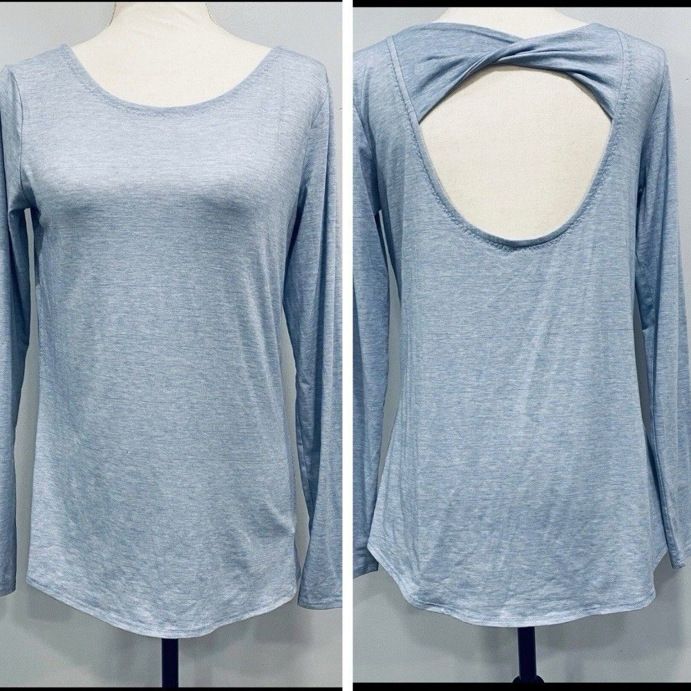 ATHLETA S Light Blue Flexlight Long Sleeve Knit Top Athleisure Sporty Open Back